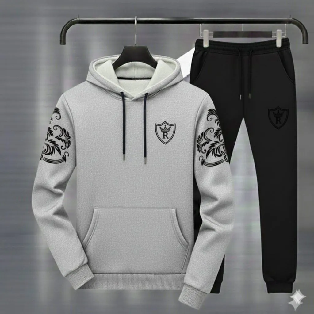 Men Grey Black Royal Crest Hoodie Track Suit Winter Fleece