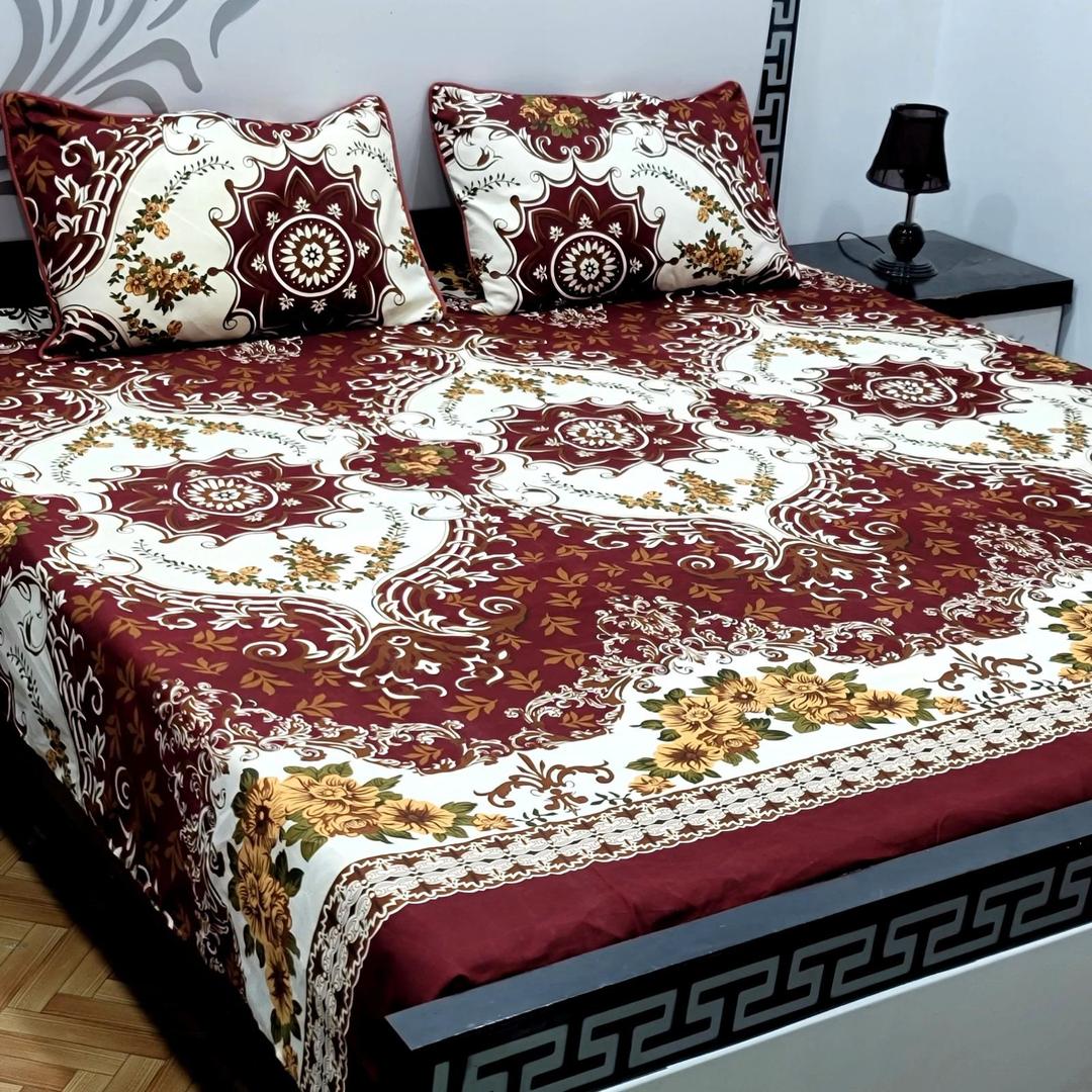 Crystal Cotton Double Bedsheet Set Maroon Floral Pattern