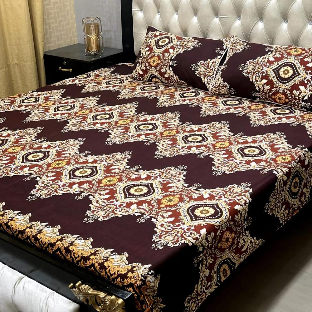Crystal Cotton Printed Double Bedsheet Set Burgundy Gold